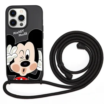 De lujo de Disney del Collar de la cuerda de seguridad de la caja del Teléfono Para el iPhone 11 12 13 14 Max Pro XR XS MAX SE2020 7 8 6 6 14 Plus Negro Suave Cubierta de la caja