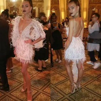 De lujo de la Pluma de 2020 Vestidos de Cóctel Con una Envoltura Profundo Cuello en V Rebordear Corto Prom Vestidos de Noche, Yousef aljasmi Ocasión del Partido Vestido de