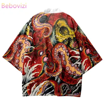 De moda Cárdigan de Playa Camisetas de Asia Ropa de Anime Pulpo a la Impresión de la Capa Japonés Kimono Tradicional de los Hombres de gran tamaño Haori 5XL 6XL