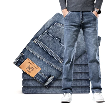 De otoño en Primavera de la Marca Recta Floja de Denim Stretch Jeans Clásico Casual de Negocios de los Hombres Jóvenes de la Moda de Mediados de Cintura alta pantalones Vaqueros