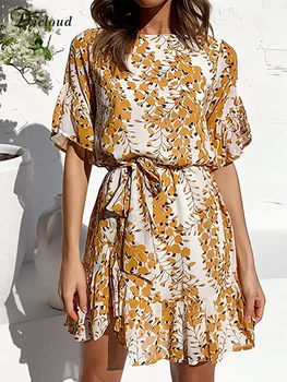 DICLOUD Casual Vestidos de Verano Para las Mujeres 2023 Amarillo de la Impresión Floral Wasit Lazo de Manga Corta Vestidos de Fiesta Elegante Ropa de Mujer