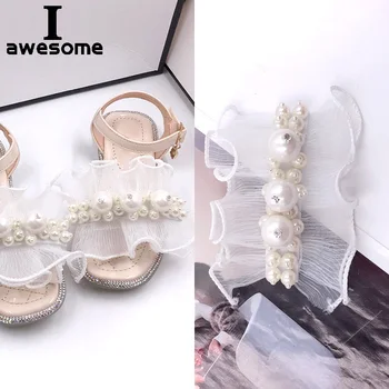 DIY Blanco de la Moda Rebordear Velo de Novia de Fiesta de la Boda Zapatos de Accesorios Para zapatos de Tacón alto Pisos Zapatilla Zapato Decoraciones de flores