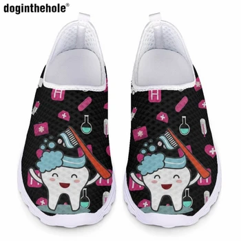 Doginthehole de la Mujer de Moda Casual Zapatos de Enfermera Kawaii Dental Impreso Zapatos Planos Cómodos Transpirable Verano Deslizarse sobre Malla de Zapatos