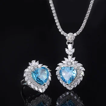 el auténtico Lujo de la marca verdaderas joyas S925 todo el cuerpo de la plata mar lanbao de carbono de diamante reddian en forma de corazón corte colgante conjunto de anillo