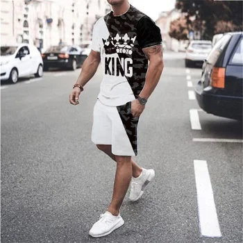El rey K Camo de Impresión de los Hombres Traje de Verano de la Moda Streetwear Conjunto de High Street camiseta + pantalones Cortos de la Pieza 2 Chándales Conjunto Casual ropa Deportiva