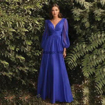 Elegante 2023 Nuevo Azul Real Vestido de Noche con Mangas Largas de Baile Vestido de Una Línea de Boda Vestido de Fiesta de Traje de Gala
