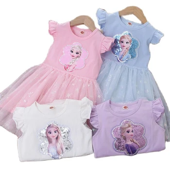Elsa Princesa Vestido de Fiesta para Niñas Verano Volando Mangas con Lentejuelas Vestidos de Malla de 4 a 10 años Vestidos de los Niños de 4 Colores Congelado Ropa
