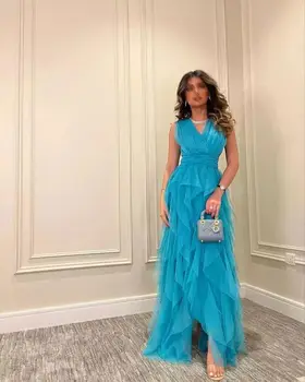 FDY Azul Arabia árabe de Tul de Noche Formal, Vestidos de Cuello en V sin Mangas Plisado Acanalada Una Línea de Vestido de fiesta Vestido de Fiesta de Boda