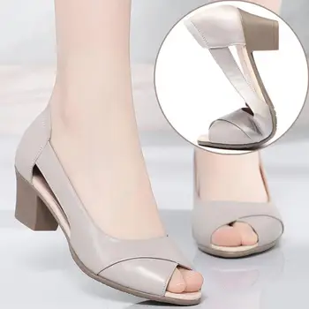 FHANCHU 2022 Nuevo de las Mujeres Peep Toe Sandalias de Moda a Mediados Talón de Verano de la Plataforma de los Zapatos De Señora de la Oficina,Blcok Talón,Negro,Beige,Dropship