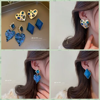 Francés Vintage Azul Klein Corazón Geométricas Aretes para Mujer Señora 2023 Lujo de Grado Superior Diarios del Partido Aretes de Moda de Joyería de Regalo