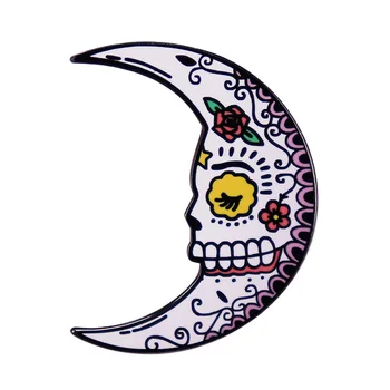 Halloween Cráneo Luna Broche de Flores Hermosas en el Arte Gótico Pin Día de los Muertos de la Joyería