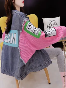 Harajuku Jeans Suéter Chaqueta De Las Mujeres De La Moda Patchwork Letras Del Dril De Algodón Fino Jersey Cardigan Coreana De Ropa De Abrigo