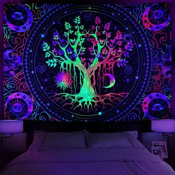 Hippie Trippy Árbol de la Vida, de luz Negra Tapiz UV Reactivo Sol y la Luna en el Tarot Tapices Estética Decoración de la Habitación de Tapestrys