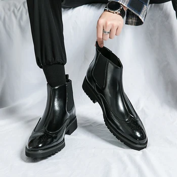 Hombre elegante de Cuero Botas de Punta Británico Chelsea Botas para los Hombres de Negocios de diseño de Lujo Zapatos hechos a Mano Talla de Botas de Tobillo