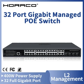 HORACO de 32 Puertos Gigabit PoE Switch Gestionado 1000M L2 de Gestión de Red Conmutador Smart Hub de Internet Divisor de 400W de 1U para montaje en Rack