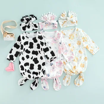 Infantil de las Niñas de Bebé Saco de Dormir Vaca/Patrón de estampado Floral Cuello Redondo Manga Larga Envolver Wearable Sleeper Mantas con Diadema