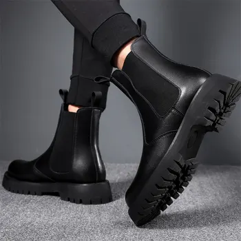 Inglaterra de los hombres del estilo casual botas chelsea negro tendencia zapatos de plataforma alta de vaquero de cuero genuino de arranque fresco botas de motocicleta