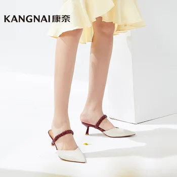 Kangnai Slingback Zapatos De Tacón Alto Zapatos De Mujer Punta Del Dedo Del Pie De Cuero Genuino Slip Vestido De Fiesta De Mujer Zapatos De Verano