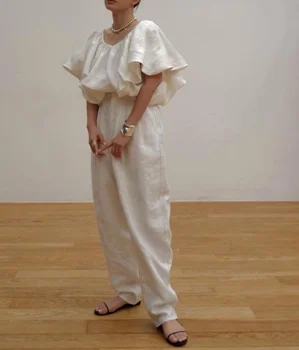 Komiyama de Moda Casual de las Mujeres Trajes de Dos piezas O de Cuello de Manga Corta Camisas Blusas + Sólidos Simples Pantalones de JAPÓN Pantalones Conjuntos
