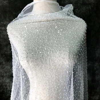 La Industria pesada translúcido con cuentas de gasa de malla de brillo material de la tela del vestido de novia ropa de cuentas brillo de la tela