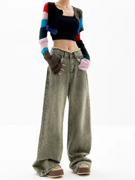 La mujer de Verde Recta Cintura Alta pantalones Vaqueros de 2022 Otoño Suelto al Estilo coreano de Moda Casual de Ancho de Pierna Draggle-Cola Dobladillo de los Pantalones Borlas
