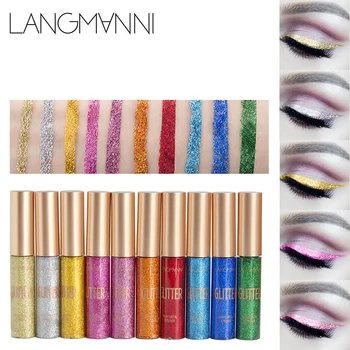 Langmanni 10 Colores Glitter Delineador de ojos Líquido Fácil de llevar Impermeable Pigmentos de Brillo Partido componen Líquido Brillante delineador de ojos