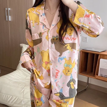 Las mujeres Pijamas Conjuntos de Pijama Mujer Gato Impreso de Cuello V Diseño de Traje de Manga Larga Pantalones Conjunto de Casa, la Ropa Sexy de Satén de Seda de Pijamas