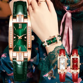 Las Mujeres Relojes De Diamantes Verde Pequeño Reloj Retro Correa De Cuero Del Cuarzo De La Moda De La Pulsera De La Montre Femme Reloj Mujer Relojes Para Mujer