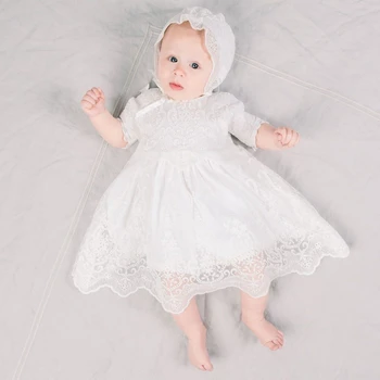 Las Niñas de bebé de Bautismo Vestido Formal Vestido de Bautizo Vestido de la Princesa de Niña de manga Larga de Encaje de Tul Bordado Vestidos con Encaje Sombrero