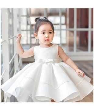 Lazo rosa Bebé Recién nacido Niña 1er Cumpleaños Vestido de Blanco Niña Vestido de Bola de la Princesa Vestido de Niña Bautizo Bautismo de Ropa