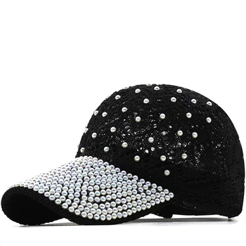 Lentejuelas de diamantes de imitación Gorra de Béisbol de las Mujeres Snapback Sombreros Para Mujer de Malla Ajustable Hueco Sombreros Hueso Casquette Perla Femenina Tapas
