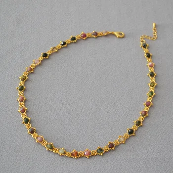 LONDANY collar de color turmalina piedra real de cuentas de la cadena de tejidos de latón simple literaria toque del collar
