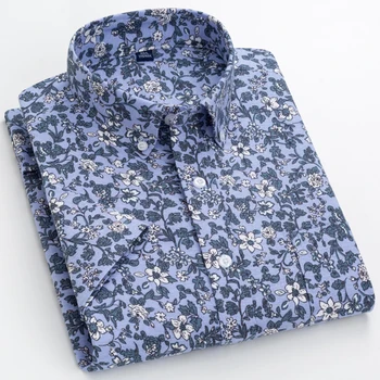 Los hombres de Verano Casual Impreso 100% Algodón Oxford Camisetas de un Solo Parche Bolsillo Cómodo de Manga Corta Estándar-fit Camisa de botones