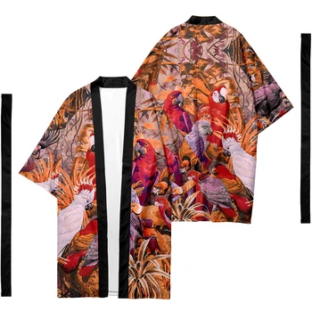 Los hombres Japoneses étnicos tradicionales de largo kimono cardigan mujer del kimono animal parrot patrón kimono camisa yukata chaqueta de 2