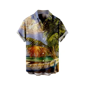 Los hombres Vacaciones de Verano DE Turismo de Playa de la Tendencia de la Moda de Ocio Digital 3d de Impresión de Manga Corta Camisa de Botón Vintage