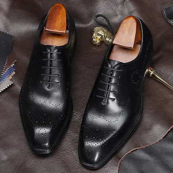 Los hombres zapatos de cuero de negocios vestido de traje de los hombres de la marca Becerro de cuero genuino negro de encaje de la boda zapatos de hombre Phenkang 2020