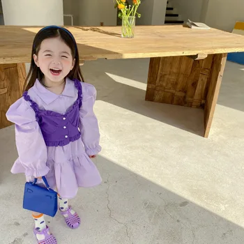 Los niños Ropa de las Niñas Vestido de Otoño Nuevo Estilo coreano Vestido de los Niños de Dos piezas para Bebé Arnés de Vestir