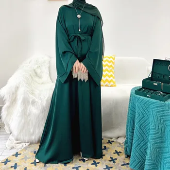 Mujer Elegante Vestido De Oriente Medio, Dubai Color Sólido De Raso Vestido Maxi Musulmanes Vestidos De Manga Larga Faja De Vestidos Musulmanes Kaftan