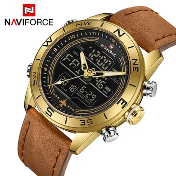 NAVIFORCE 9144 de la Moda de Oro de los Hombres del Deporte Relojes para Hombre Analógico de LED Digital Reloj Militar del Ejército de Cuero Reloj de Cuarzo Relogio Masculino
