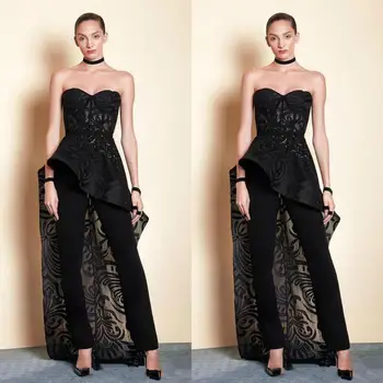 Negro Moderno Pantalón De Traje De Prom Vestidos De Novia De Encaje Overskirts Ocasión Especial Vestido De Noche 2020 Barato Vestidos De Novia