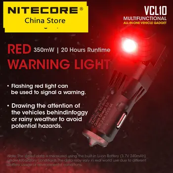 NITECORE VCL10 Cargador de Vehículo Multi-Función USB Cargador de Coche QC 3.0 Adaptador de Carga Rápida con LED de Luz de Emergencia de Vidrio Separador de