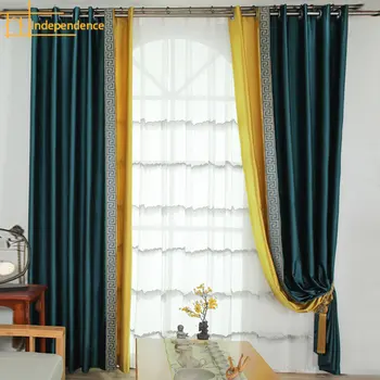 Nueva imitación de seda azul pavo real de colores de bloque de color de bloque de bordado retro Zen cortinas Cortinas para Living comedor dormitorio
