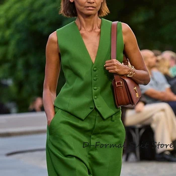 Nueva Llegada de las Mujeres Chalecos de Moda V-Cuello Verde Botón de Abajo Equipada Chaleco Clásico Camisetas de Independiente Chaleco para el Desgaste Formal