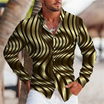 Nuevas camisas de hombre en verano, impresión gráfica de la geometría, de oro, en forma de herradura de manga larga botón tops, diseño de moda, 6XL