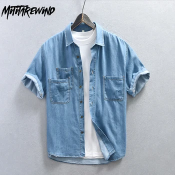 Nuevas Camisas de Verano para los Hombres de la Moda Suelta Streetwear Causal Camisetas de Manga Corta Azul Camisa de Denim Japonés del Vintage de Ropa Tops Hombres