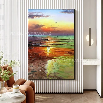 Océano mar de colores con la puesta de sol paisaje imagen Abstracta 100% Pintado a Mano Aceite de la Pintura Gruesa Lona de la Foto de Regalo
