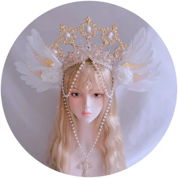 Original lolita Virgen de la Tiara de la Corona de la Perla de la Borla Tocado la Cruz de la Corona de Pelo Aro Super Hermosa hecha a Mano Adornos para el Cabello