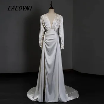 Perfecto Simple Precioso Vestido de Novia Blanco 2023 Satén Plisado de la Longitud del Piso de Mangas largas de Novia Una línea de Vestidos de Vestido de novia Plus