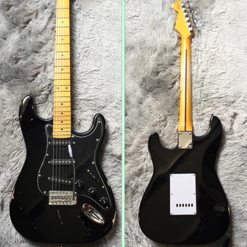 Personalizada de Alta Calidad 6 de Cadena ST Guitarras Eléctricas SSS Pastillas Reliquia Negro de la Guitarra Chrome Hardware de Arce, Diapasón de Envío Rápido
