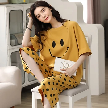 Pijamas de mujeres del verano de manga corta recortada pantalones de estilo coreano casual lindo de dos piezas de sección fina ropa de abrigo servicio a domicilio de traje